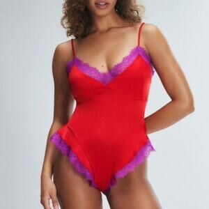 Savage X Fenty Nite Shade Romantic Ruffled Lace Trim Sleep Teddy XL Timeless Red